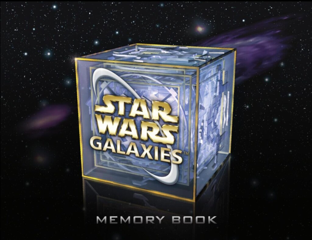 Cover image of Star Wars Galaxies Memory Book, showing a blue-grey cube with gold trim bearing the Star Wars Galaxies game logo.